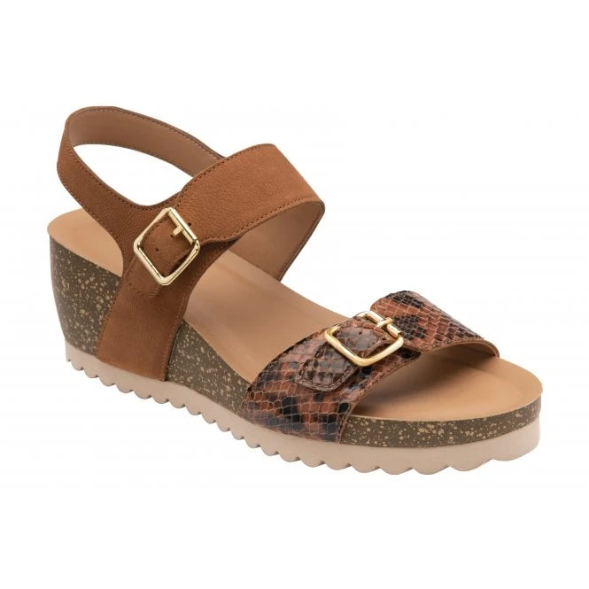 Tan & Snake-Print Leather Brynlee Open-Toe Wedge Sandals | Lotus 1 Tan & Snake-Print Leather Brynlee Open-Toe Wedge Sandals | Lotus