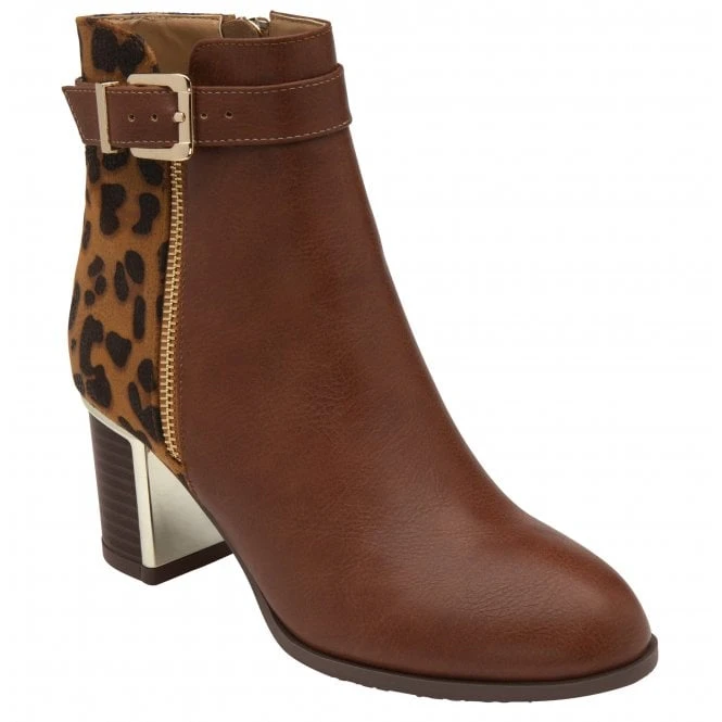 Tan Textile & Leopard-Print Monica Heeled Ankle Boots | Lotus 1 Tan Textile & Leopard-Print Monica Heeled Ankle Boots | Lotus